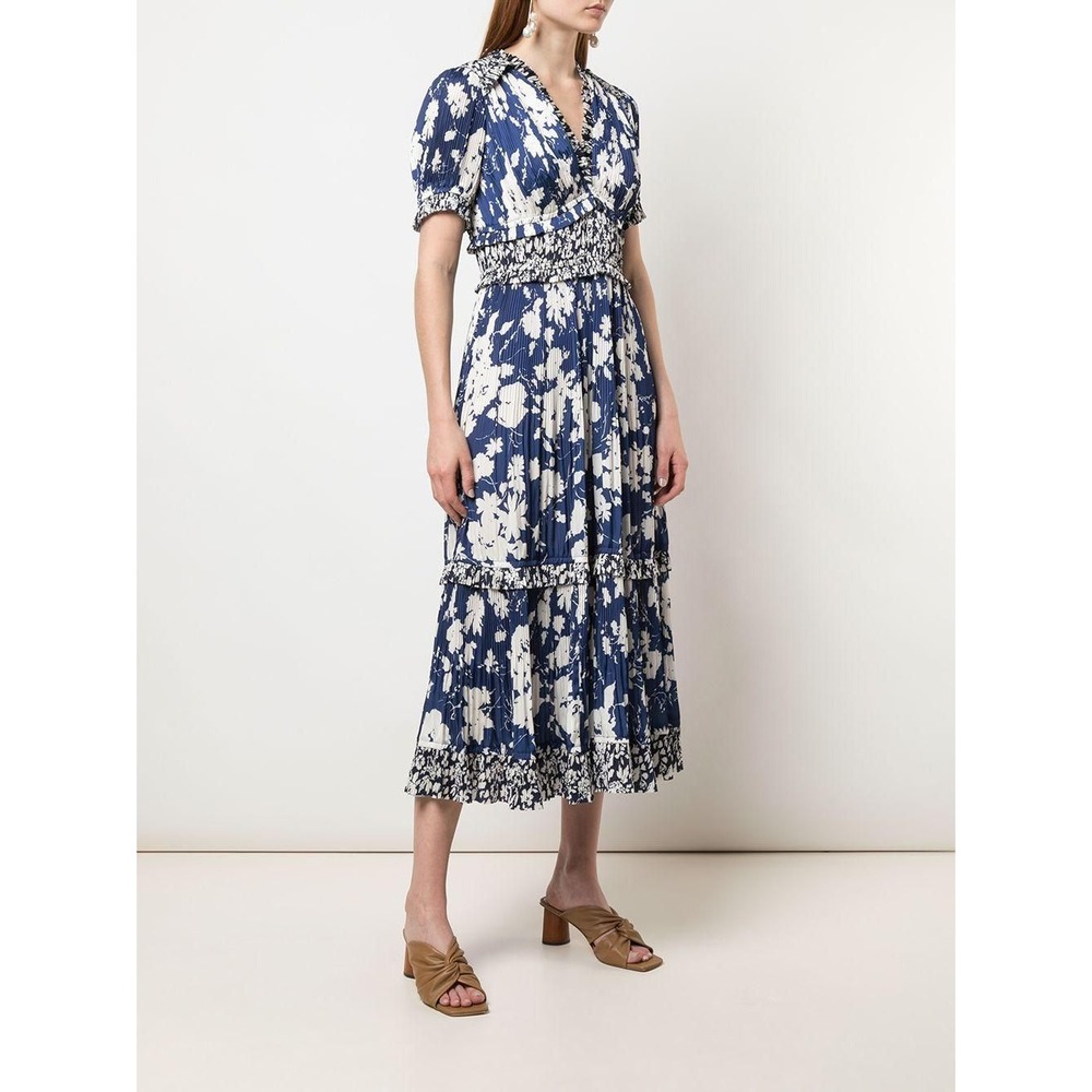 Polo Ralph Lauren Womens Tiered Pleated Midi Dress Blue Floral Sz 12